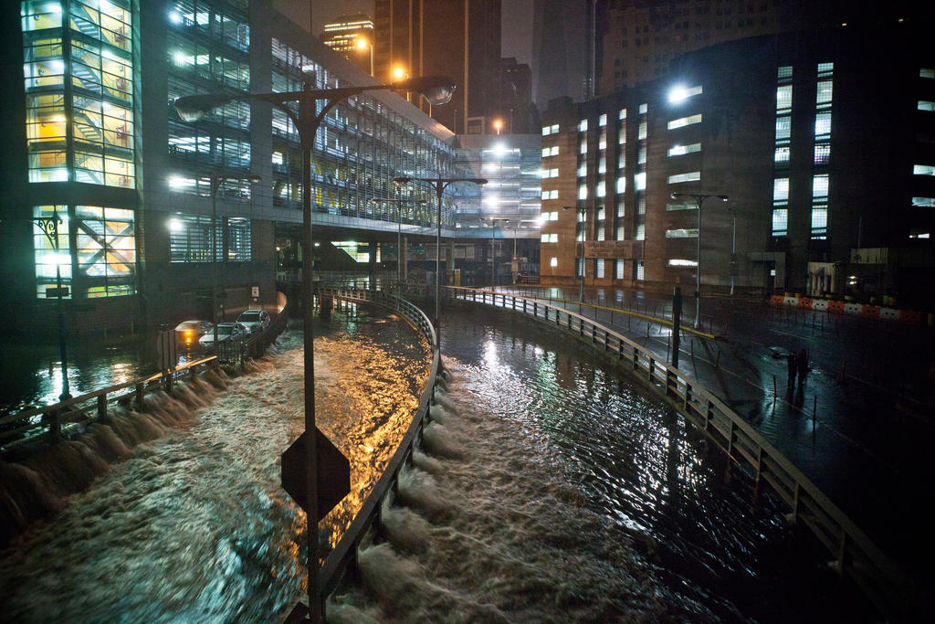 Water rushes into the Carey Tunnel, previously the Brooklyn Battery Tunnel, in the Financial District of New York after Superstorm Sandy hit the East Coast Monday evening.