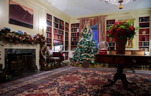 Christmas decorations adorn the White House library during the first viewing of the White House 2012 holiday decorations in Washington, DC.
