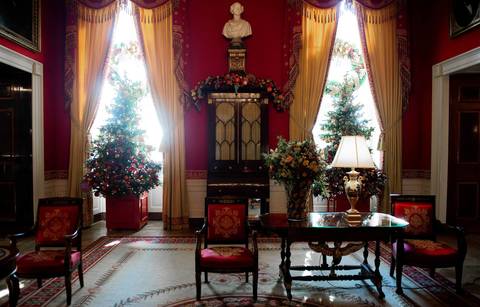 Christmas decorations in the Red Room during the first viewing of the White House 2012 holiday decorations in Washington, DC.