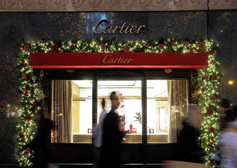 Holiday lights adorn the Cartier storefront on Michigan Avenue in downtown Chicago.
