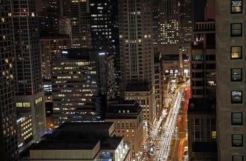 Holiday lights illuminate Michigan Avenue in downtown Chicago.