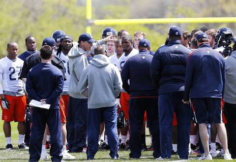 Bears coach Marc Trestman addresses the rookies at the conclusion of the minicamp.