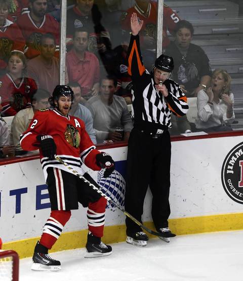 Duncan Keith is called for a tripping penalty in the first period.