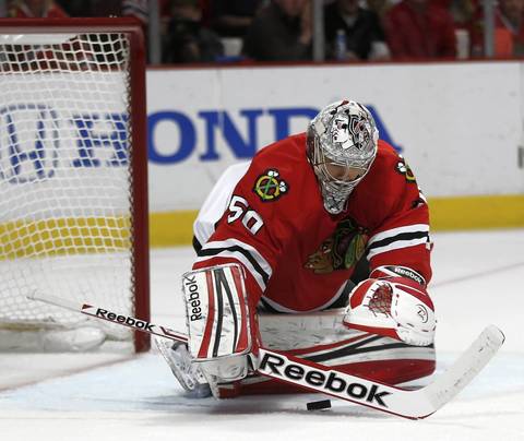 Blackhawks goalie Corey Crawford makes a save in the second period.