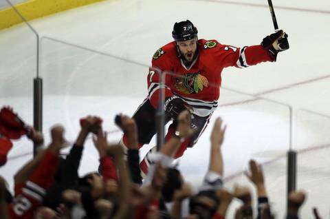 Brent Seabrook celebrates his game-winning goal in overtime.