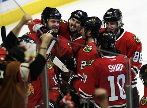 Brent Seabrook celebrates his overtime goal to beat the Red Wings 2-1 in Game 7.