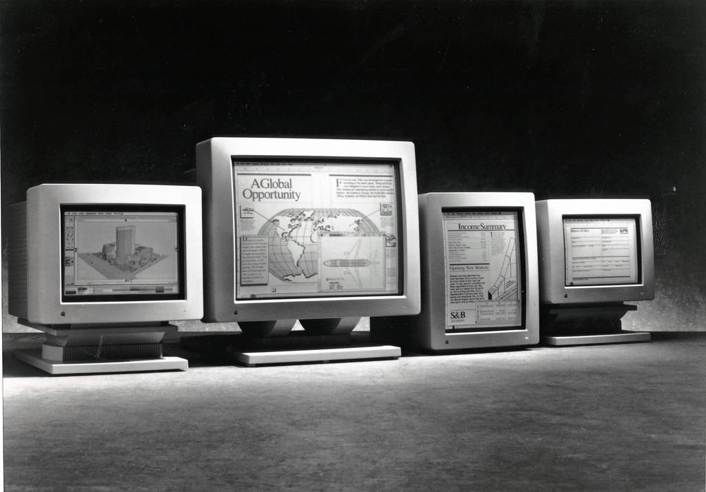 From left, the 13-inch AppleColor RGB Monitor, the 21-inch Apple Two-Page Monochrome Monitor, 15-inch Macintosh Portrait Display monitor and the 12-inch Monochrome Monitor in 1989.