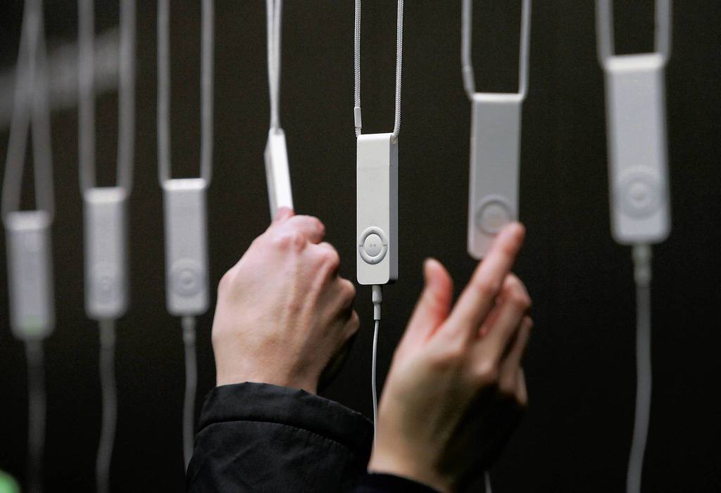 The iPod Shuffle is seen on display at Macworld Expo in San Francisco.