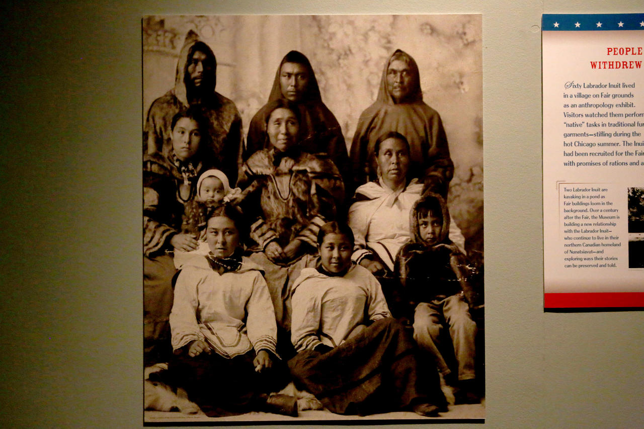 A photo of a group of Labrador Inuits who left the fair due to poor conditions and false promises and started their own exhibit outside the gates.