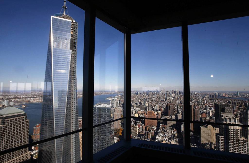 A view of the One World Trade Center tower and the Manhattan skyline as seen from the 68th floor of the soon-to-be opened 4 World Trade Center tower in New York. 4 World Trade center sits at the south east corner of the World Trade Center site and will be the second tower to open on the site since the 2001 attacks on the World Trade Center.