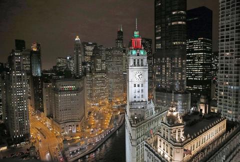 Holiday lights at the Wrigley Building and in the Loop, in downtown Chicago.