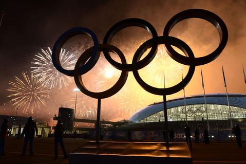 Fireworks explode around Fisht Olympic Stadium at the end of the 2014 Winter Olympics Closing Ceremony.