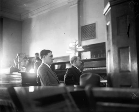 Martin Durkin in court with his lawyer Eugene McGarry during his trial, circa June 1, 1926.