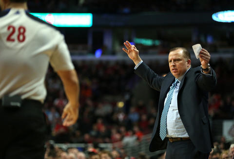 Bulls coach Tom Thibodeau argues with official Zach Zarba in the second half.