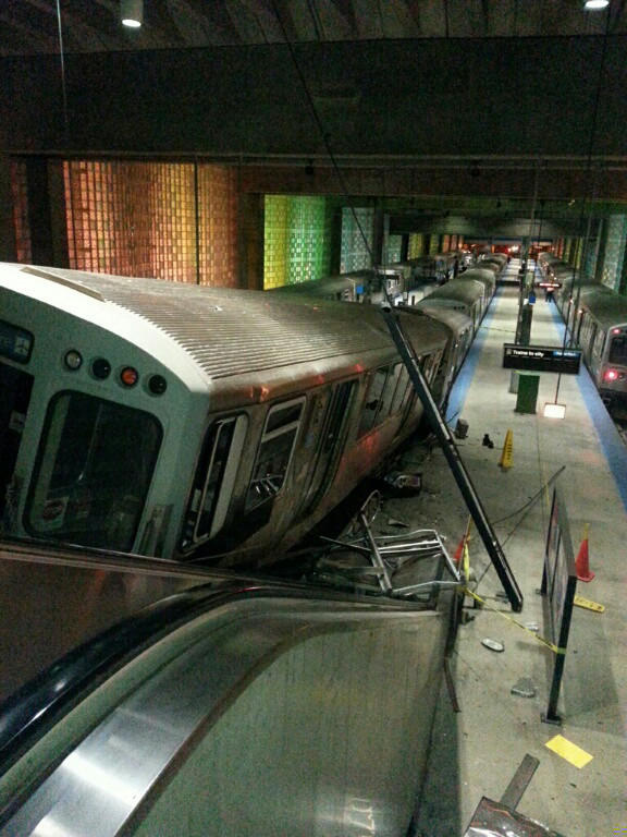 A Blue Line train crashed into the landing platform at O'Hare International Airport this morning.