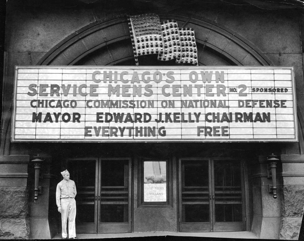 The Chicago Servicemen's Center at Michigan Avenue and Congress Street was opened in 1942 by Mayor Edward Kelly and the Chicago Commission on National Defense in the Auditorium Theatre building.