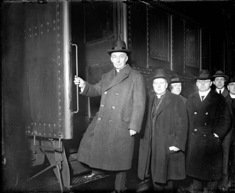 Archbishop George Mundelein leaves Chicago on March 6, 1924, on the Baltimore and Ohio train headed to New York where he will sail for Rome to become a Cardinal in 1924. Mundelein, who was originally from New York, moved to Chicago in 1916 when he was formally installed as Archbishop of Chicago.