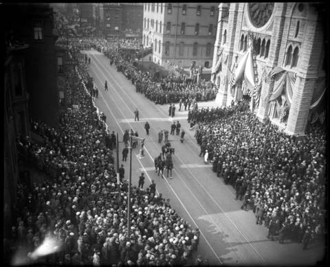 According to the Tribune, more than 1,000,000 people crowded the streets in front of Holy Name Cathedral at State and Superior Streets to greet Cardinal Mundelein on May 11, 1924, who was back from Rome after becoming a Cardinal.