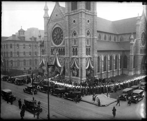 According to the Tribune, more than 1,000,000 people crowded the streets in front of Holy Name Cathedral at State and Superior Streets to greet Cardinal Mundelein on May 11, 1924, who was back from Rome after being appointed Cardinal. According to the Tribune, Mundelein "said frankly that he had never before beheld such a crowd. 'Chicago always has a surprise awaiting one. That's why I love this city so and am so glad to be its first Cardinal.'"