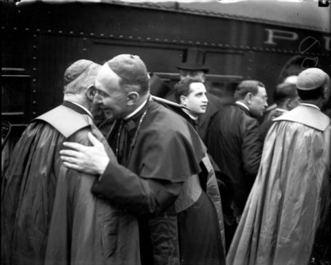 Cardinal Mundelein, second from left, greets Cardinal Piffle of Vienna, for the 28th International Eucharistic Congress in Chicago in 1926.