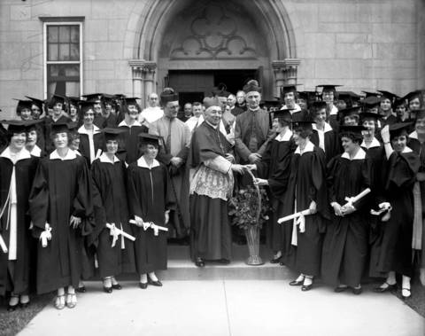 Cardinal Mundelein, shown here outside Rosary Hall, conferred degrees on thirty graduates at Rosary College in River Forest on June 9, 1927. Rosary College is now known as Dominican University.