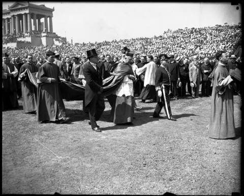 Cardinal Mundelein walks on the field during the 28th International Eucharistic Congress, which Mundelein hosted, held at Soldier Field in June of 1926.