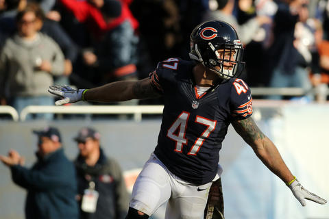 Bears free safety Chris Conte celebrates after intercepting a pass from Detroit Lions quarterback Matthew Stafford in the fourth quarter of a game on Nov. 10.