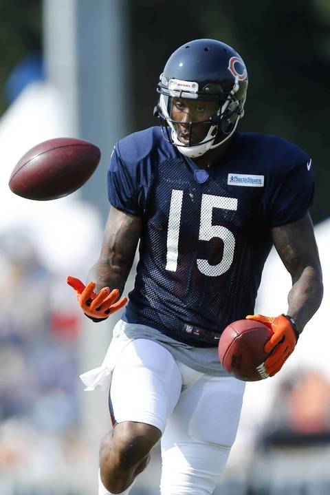 Bears wide receiver Brandon Marshall during receiving drills.