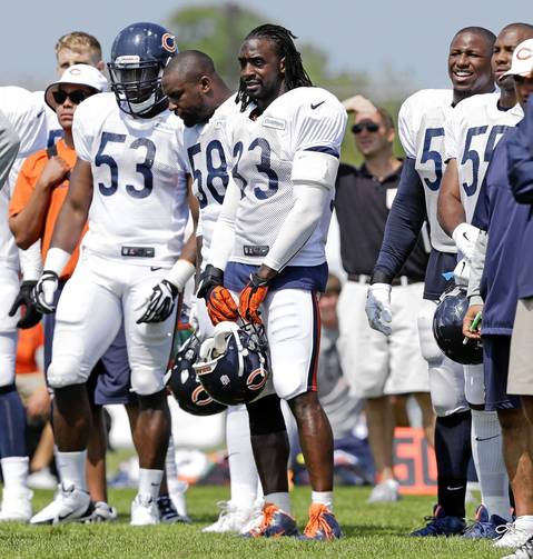 Bears cornerback Charles Tillman and other defenders watch from the sidelines.