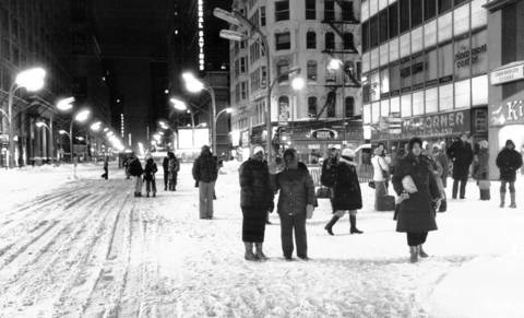 At State and Randolph Streets, commuters wait for buses that never seemed to arrive to carry them to their homes on the South Side. Some had waited an hour and 20 minutes on Jan. 15, 1979.