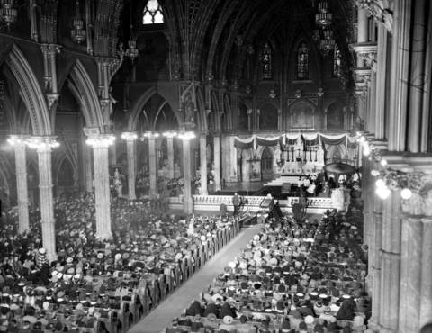 An impressive crowd gathered inside Holy Name Cathedral on Oct. 4, 1939 as children attended a special mass for Cardinal Mundelein, center at alter, who's body lay in state in the cathedral. Thousands were unable to get inside to attend the mass.