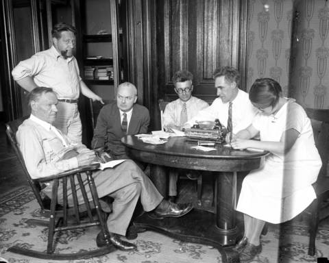 The defense for John Scopes prepares experts statements, in 1925. From left are lawyers Clarence Darrow, Arthur Garfield Hays, Dudley Field Malone, local businessman and trial organizer George Rappleyea, lawyer John Randolph Neal Jr., and a stenographer.