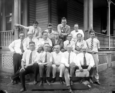 Scientists, lawyers and supporters of John Scopes assemble on the steps of the "defense mansion" just outside Dayton, Tenn., in 1925. The scientists did not get a chance to testify at the trial. The "defense mansion" was a Victorian house where the defense team and witnesses stayed during the trial.