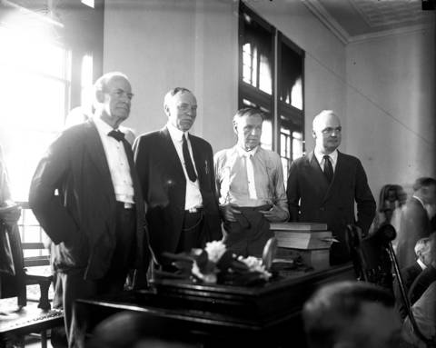 William Jennings Bryan, from left, Judge Raulston, Clarence Darrow, and Dudley Field Malone in 1925.