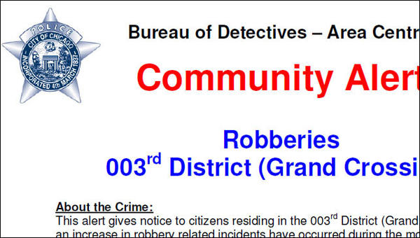 Police alert regarding recent South Side robberies.
