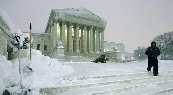 President Obama referred to the massive snowfall in February 2010 as Snowmageddon. The steps of the Supreme Court in Washington are pictured. Between 1 and 3 feet of snow fell in West Virginia, Pennsylvania, Virginia, New Jersey, Maryland and Delaware. Some reports called it the worst snowstorm in nearly a century.