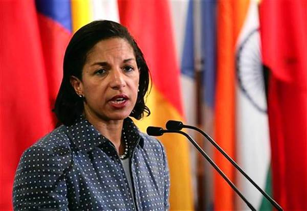 U.S. ambassador to the United Nations Susan Rice speaks with the media after Security Council consultations at U.N. headquarters in New York
