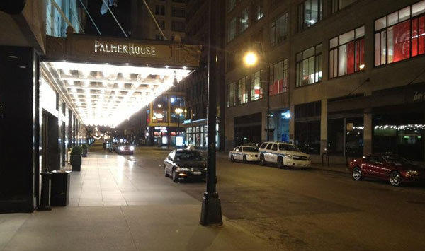 Two police vehicles outside the Palmer House early Sunday.