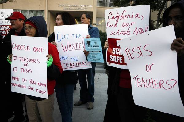 Teachers at Emerson Middle School in Los Angeles rally in 2009 to protest what they call another layer of testing. Standardized testing is on the rise in U.S. schools, but so is resistance to it in some places. 