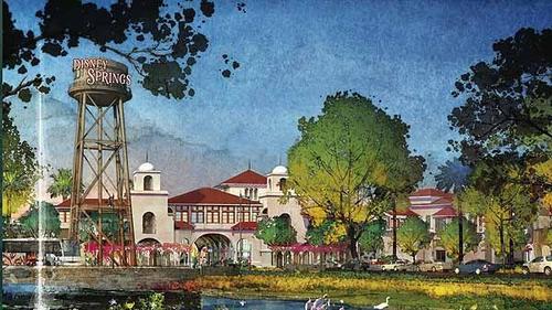 This rendering shows planned changes to Downtown Disney announced on March 14, 2013. To be renamed Disney Springs, it will feature a new gateway with a signature water tower and grand entry.