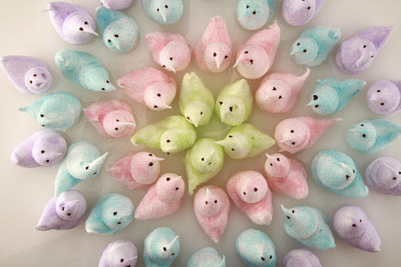Peeps are marshmallow candies that are shaped into chicks, bunnies, and other animals.