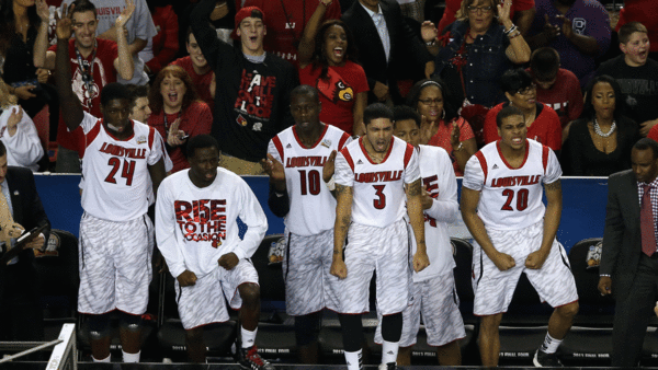 Louisville players celebrate on the bench during the second half of their national semifinal against Wichita State on Saturday night in Atlanta. (Streeter Lecka/Getty photo)