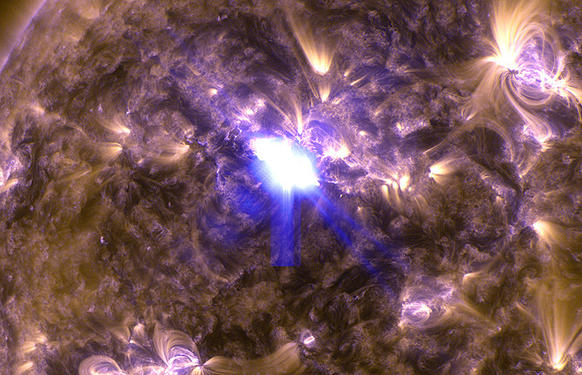 NASA's Solar Dynamics Observatory captured this image of an M6.5-class flare at 3:16 a.m. Eastern time on Thursday. This image shows a combination of light in wavelengths of 131 and 171 Angstroms.