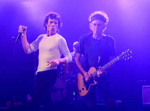 Musicians Mick Jagger (L) and Keith Richards of The Rolling Stones perform at Echoplex.