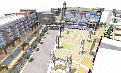 This rendering looks north on Clark from the intersection with Addison. On the left is the proposed hotel, health club, dining and retail development. On the right is the plaza planned by the Cubs along with an office building for the team. An elevated walkway over Clark Street would connect the two spaces. The obelisks on the plaza would feature static advertisements.