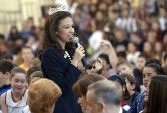 While reigning Miss America in 2003, Erika Harold speaks at Margaret Made Jr. High School in Elk Grove Village about youth violence and bullying.