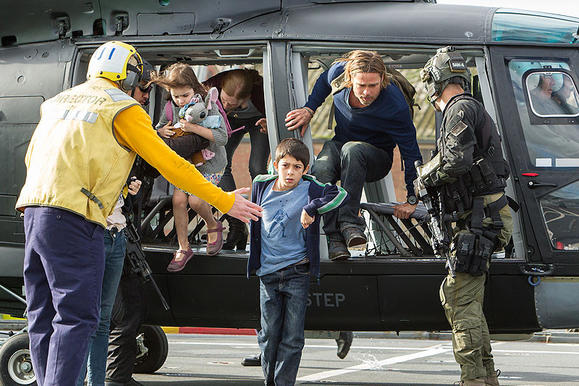 Left to right: Sterling Jerins is Constance Lane, Mireille Enos is Karin Lane, Fabrizio Zacharee Guido is Tomas, and Brad Pitt is Gerry Lane in "World War Z."