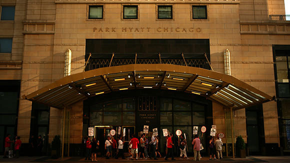 Hotel workers strike outside the Park Hyatt Chicago in 2011.