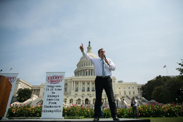 Ted Cruz vows he will seek to stop legislation to keep the government running unless President Obama agrees to defund the healthcare law. Above, Cruz speaks during a rally in Washington.