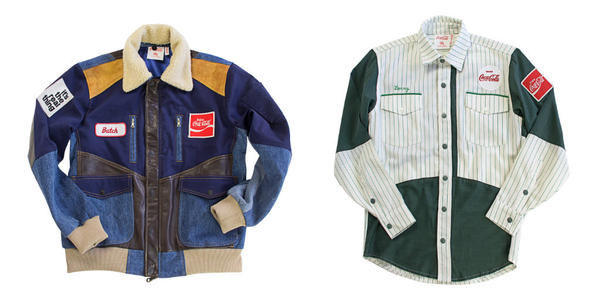 A jacket, left, and shirt from the 200-piece Coca-Cola by DRx capsule collection made using uniforms, delivery jackets and other vintage Coke apparel. (Coca-Cola by DRx)
